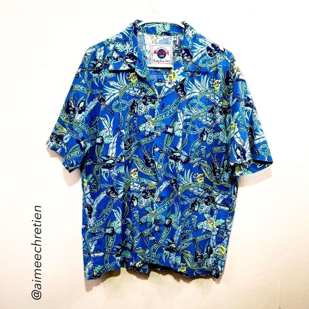 Hard Rock Cafe Official Branded Blue & Green Rock & Roll Aloha Shirt Size M